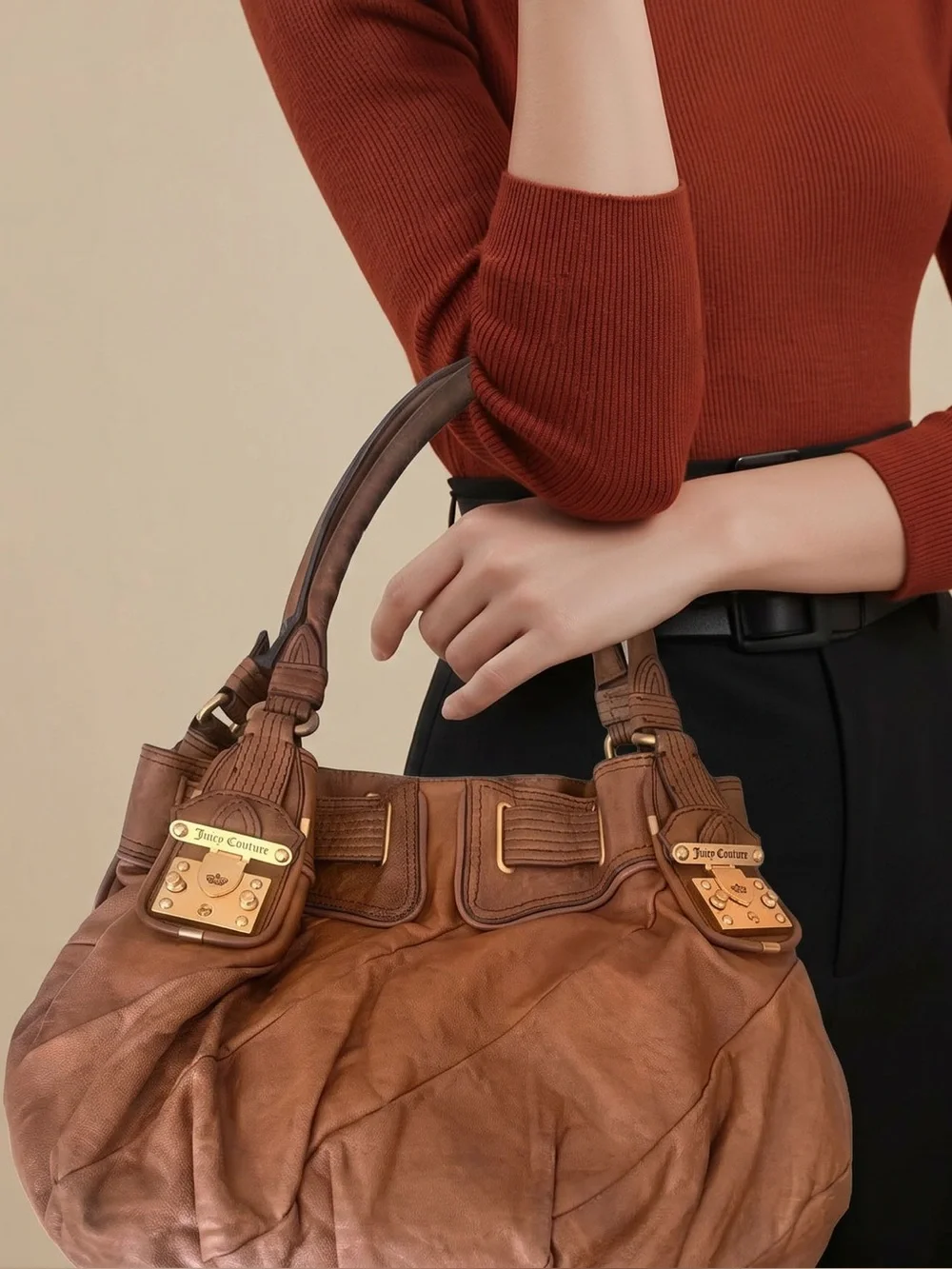 Juicy Couture Y2K Rustic Brown Leather Hobo satchel Bag